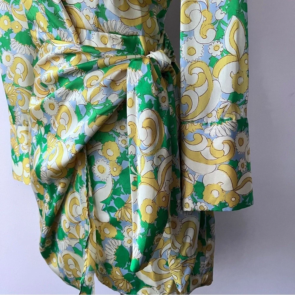 Zara Satin Wrap Yellow Green Floral Paisley Influencer  Baddie Mini Dress Size S